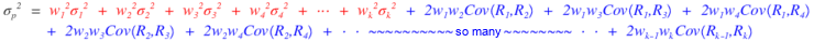 The variance written out for n = k: the k variance terms in red, the covariance terms in blue, and so many written in the middle of the blue terms