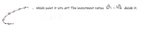 Handwritten note beside a dotted curve: Which point it sits at? The investment ratios w_1, w_2 decide it