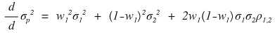 The same variance with w_2 replaced by 1 - w_1: w_1² σ_1² + (1 - w_1)² σ_2² + 2 w_1 (1 - w_1) σ_1 σ_2 ρ_1,2