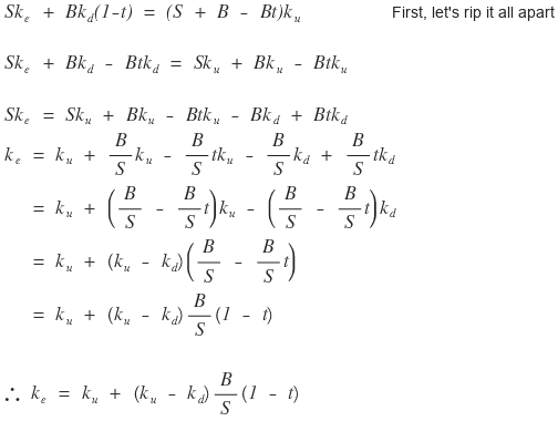 First, rip it all apart: from S k_e + B k_d(1 − t) = (S + B − Bt) k_u, step by step, to k_e = k_u + (k_u − k_d)(B/S)(1 − t)