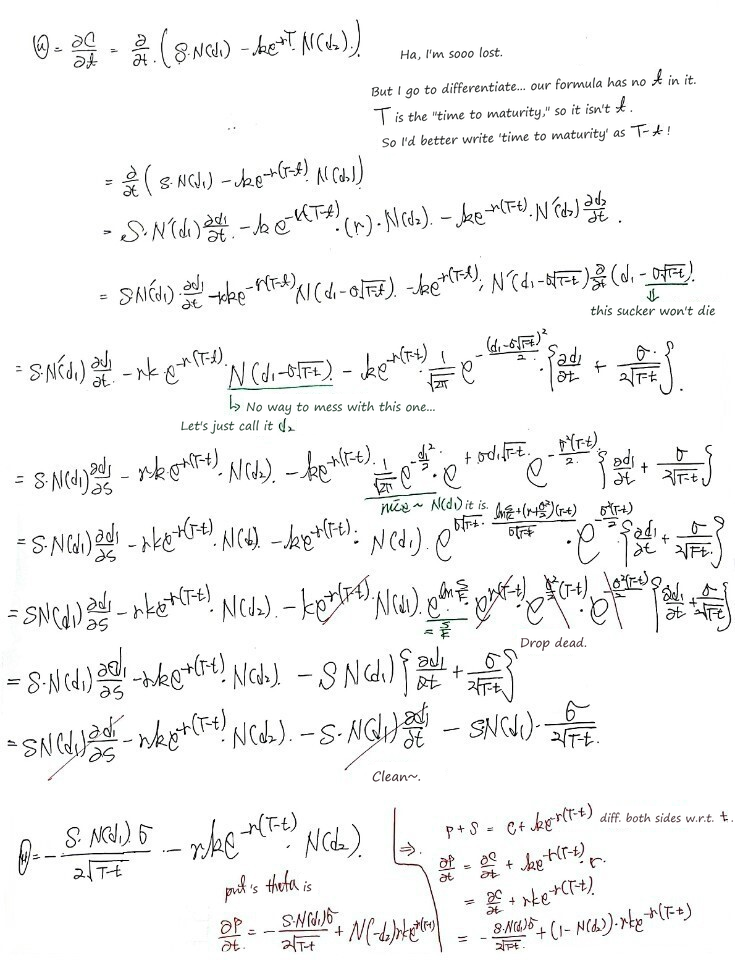 Handwritten theta of a call with the time to maturity written T − t, and the put&rsquo;s theta from put-call parity