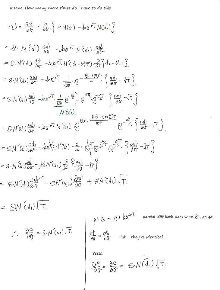 Handwritten vega: ∂c/∂σ = S·N′(d1)√T, the same for the put
