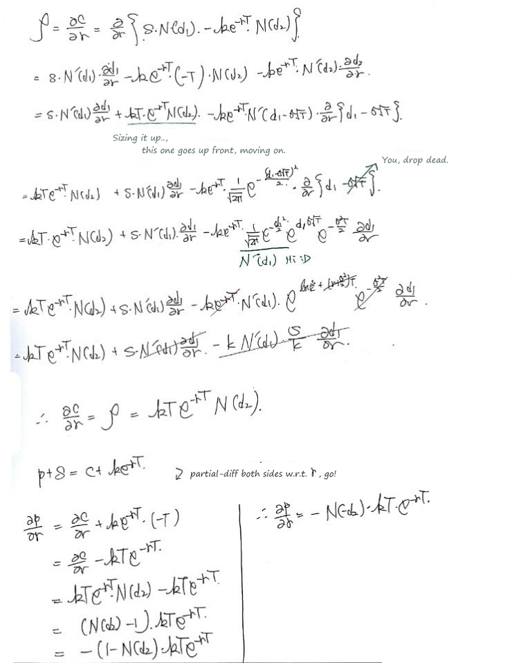 Handwritten rho: ∂c/∂r = kT e^(−rT) N(d2), and for the put ∂p/∂r = −N(−d2) kT e^(−rT)