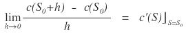 The limit as h goes to 0 of (c(S0+h) − c(S0))/h equals c′(S) at S = S0