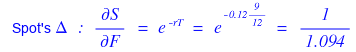 Spot&rsquo;s Δ: ∂S/∂F = e^(−rT) = e^(−0.12·9/12) = 1/1.094