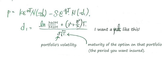 The put on the portfolio itself: p = k e^(−rT) N(−d2) − S e^(−qT) N(−d1), with ln(360M/342M), σ the portfolio&rsquo;s volatility and T the period you want insured