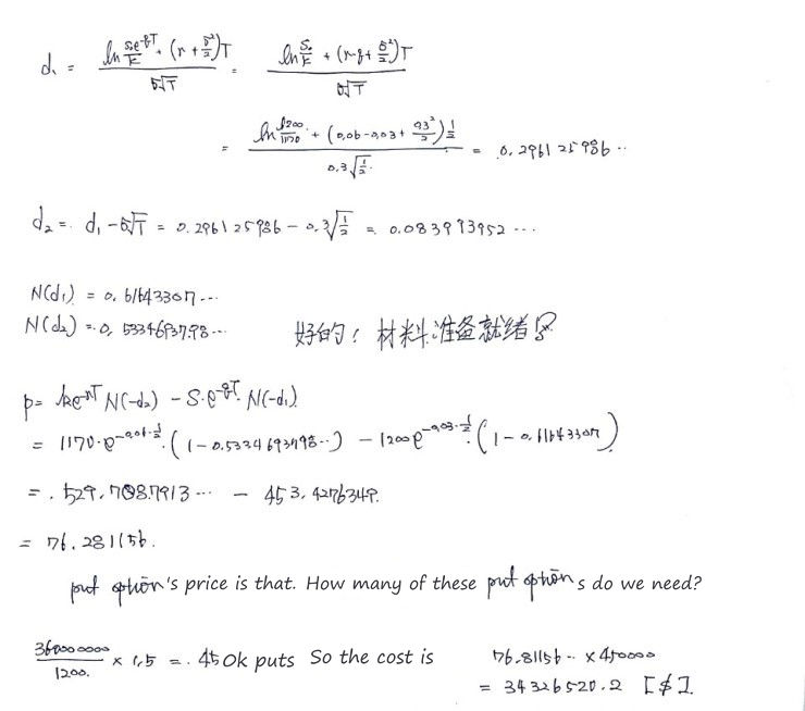 Handwritten pricing of the K = 1170 index put: 76.281156 each, 450k puts, cost 34326520.2 dollars