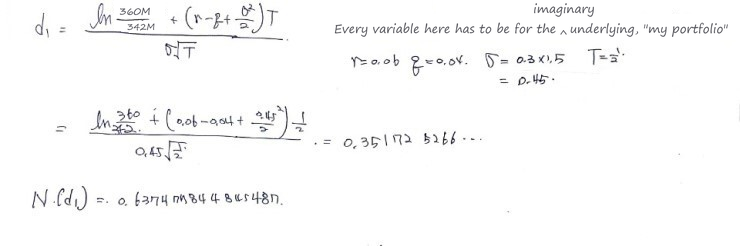 Handwritten d1 of the imaginary put on the portfolio: r = 0.06, q = 0.04, σ = 0.3 × 1.5 = 0.45, T = 1/2, d1 = 0.351725266