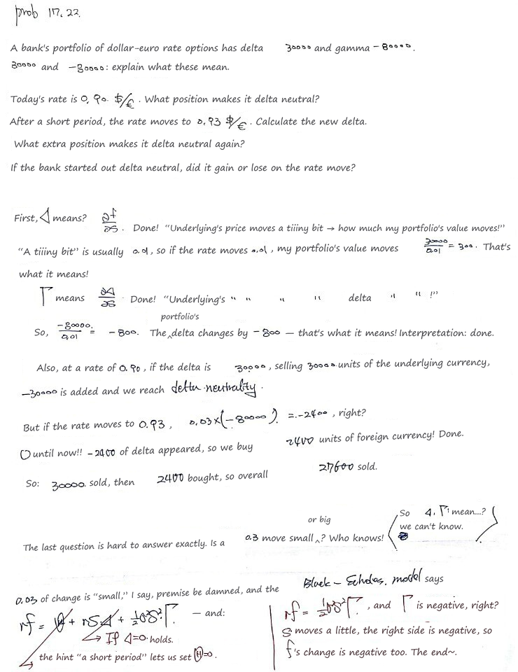 Handwritten Prob 17.22: a bank&rsquo;s dollar-euro option book with delta 30000 and gamma −80000, the delta hedge at 0.90 and after the rate moves to 0.93, and whether the bank gained or lost