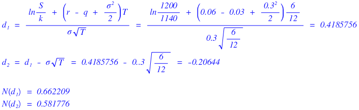 Index put with K = 1140: d1 = 0.4185756, d2, N(d1) = 0.662209, N(d2) = 0.581776