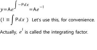 The solution y = A e^(∫−P dx) = A e^(−I), writing I ≡ ∫P dx for convenience; e^I is called the integrating factor