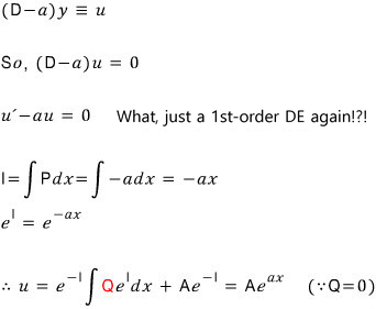 With u ≡ (D − a)y the equation becomes (D − a)u = 0, a first-order DE, so u = A e^(ax)