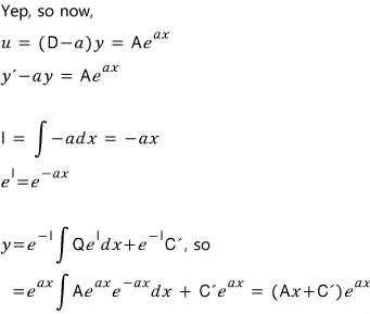 Then y′ − ay = A e^(ax) gives y = (Ax + C′)e^(ax)