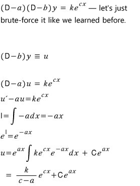 Brute force, first pass: with (D − b)y ≡ u, (D − a)u = k e^(cx) gives u = k/(c − a) e^(cx) + C e^(ax)