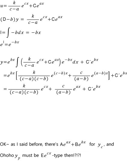 Brute force, second pass: (D − b)y = u gives y = k/((c − a)(c − b)) e^(cx) + (constant) e^(ax) + C′ e^(bx), so y_p looks like E e^(cx)