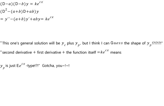 Guessing: y″ − (a + b)y′ + aby = k e^(cx), so y_p must be of the form E e^(cx)