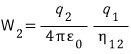 Work for the second charge equals q two times q one, divided by four pi epsilon zero and the positive separation eta one two.