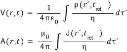 The potentials with the sources taken at the retarded time: rho(r′, t_ret) and J(r′, t_ret) inside the integrals