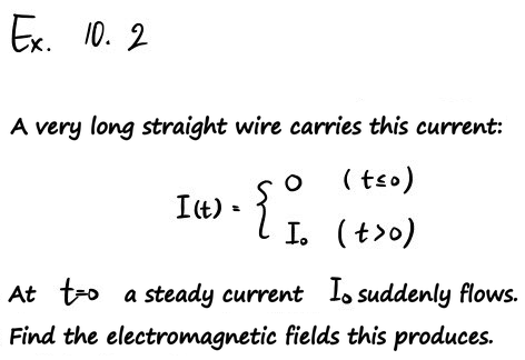 Example 10.2 in the author&rsquo;s handwriting: a very long straight wire carries a current I(t) that is 0 up to t = 0 and a steady I0 after that; find the fields this produces