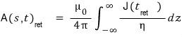 The same formula for the wire: A_ret(s,t) as an integral over z, from minus to plus infinity, of J(t_ret) over eta