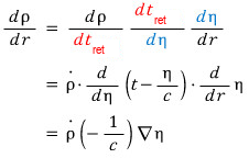 The chain rule in the author&rsquo;s colours: the derivative of rho goes through t_ret and eta and comes out as rho-dot times minus 1/c times grad eta
