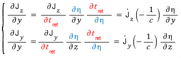Both partial derivatives by the chain rule through t_ret, in the author&rsquo;s colours