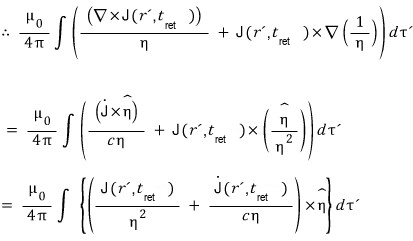 Putting it all together, Jefimenko&rsquo;s equation for B: mu0 over 4 pi times the integral of (J over eta squared plus J-dot over c eta) cross eta-hat