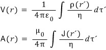 The static solutions: V(r) and A(r) as integrals of rho(r′) and J(r′) over the distance eta