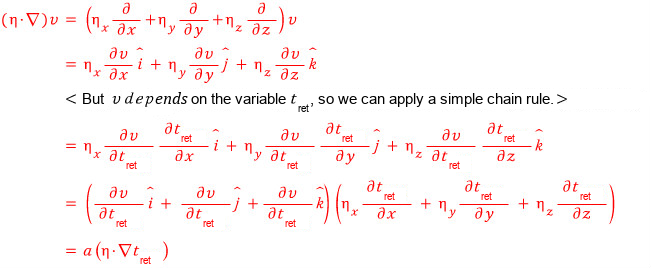 The red term: (eta·∇)v worked out with the chain rule through t_ret, ending in a(eta·grad t_ret)