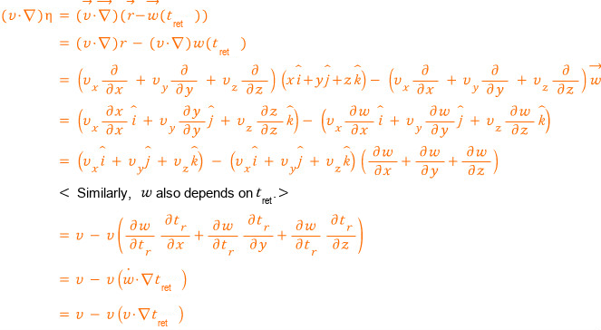 The orange term: (v·∇)eta worked out the same way, ending in v − v(v·grad t_ret)