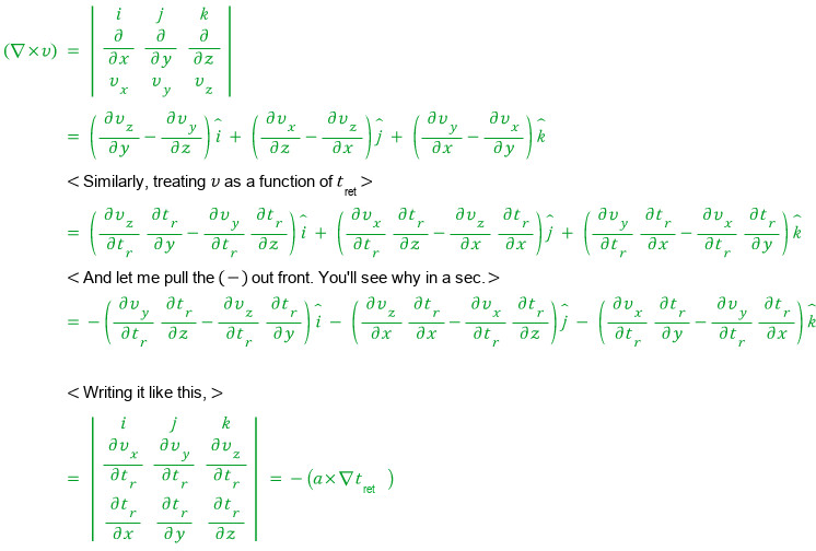 Curl v as a determinant, worked out with the chain rule through t_ret, ending in −(a × grad t_ret)