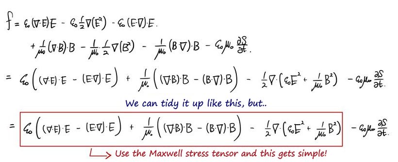 Putting it together: f written with E, B and the Poynting vector S, and the part the Maxwell stress tensor will simplify boxed in red