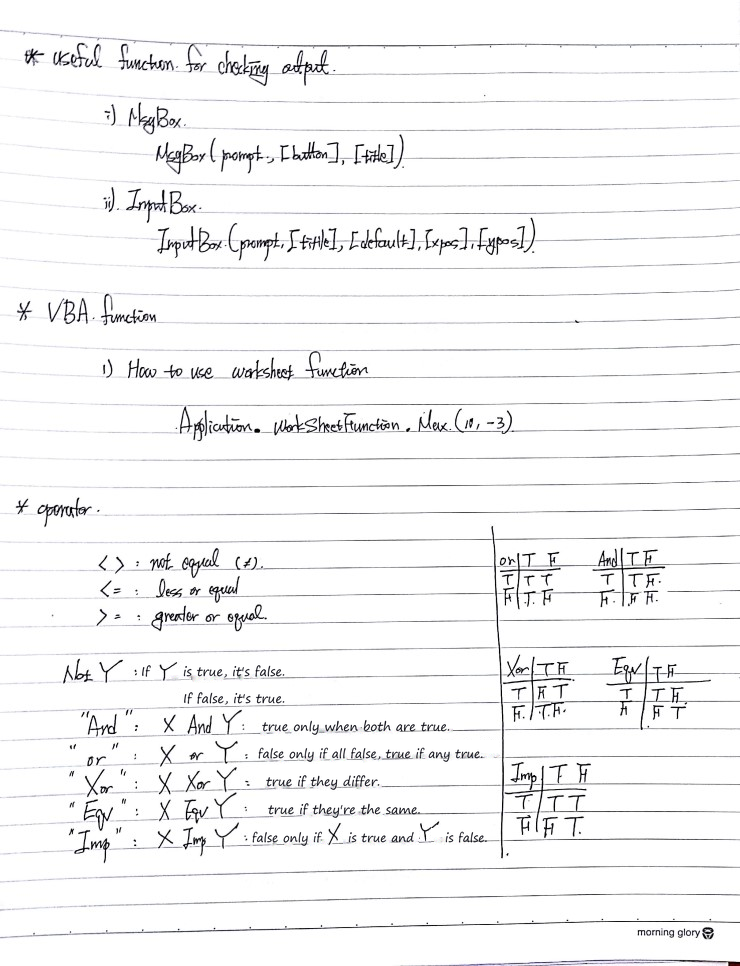 Handwritten notes: MsgBox and InputBox, using a worksheet function in VBA, comparison operators, and the logical operators Not, And, Or, Xor, Eqv and Imp with their truth tables