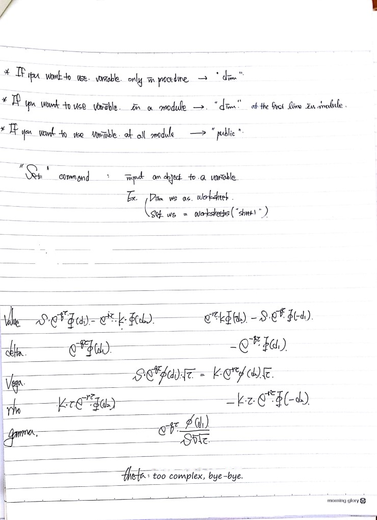 Handwritten notes: where a variable can be used (Dim, Public), the Set command, and the Greeks formulas for calls and puts