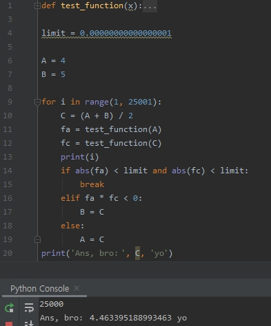 Python code of the bisection practice in an IDE, with the console output 4.463395188993463