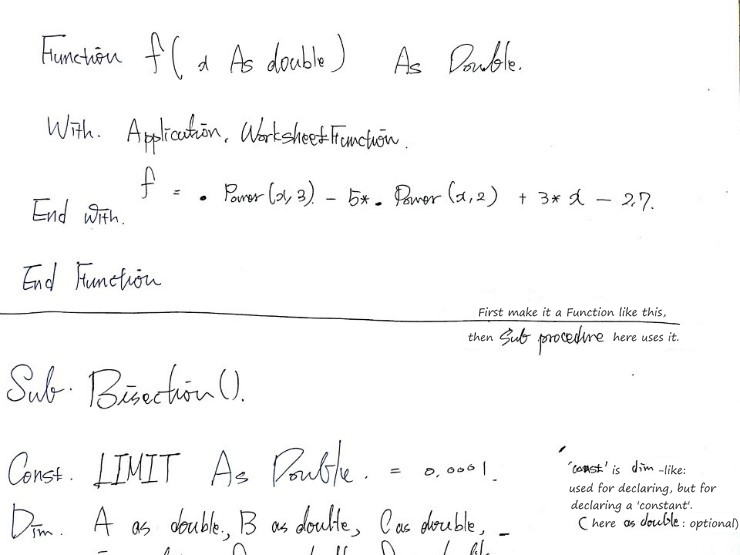 Handwritten VBA: the function f and the start of Sub Bisection, with notes on Const and the function procedure