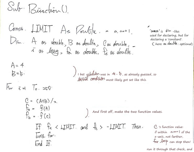 Handwritten VBA: Sub Bisection with the initial values, the loop and the stopping test, and notes in red