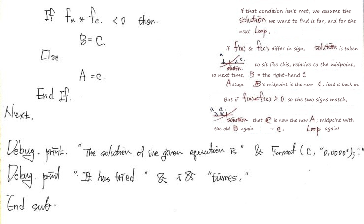 Handwritten VBA: the rest of Sub Bisection and the Debug.Print lines, with notes on the next loop