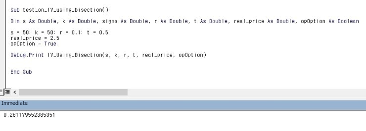 VBA code: a test Sub that calls IV_Using_Bisection, with its output in the Immediate window