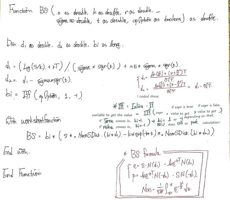 Handwritten BS function with notes on IIf and the d1 and d2 formulas, next to the Black-Scholes formulas