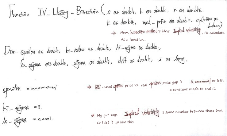 Handwritten start of IV_Using_Bisection with notes on epsilon, hi_sigma and lo_sigma