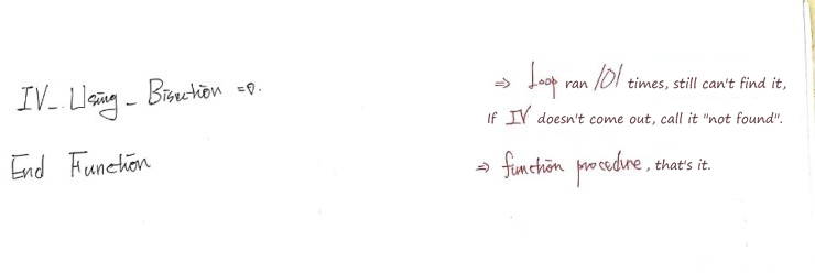 Handwritten end of IV_Using_Bisection: the result is 0 if nothing was found
