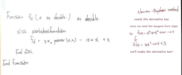 Handwritten VBA function f_d(x) that returns the derivative 3x^2 - 10x + 3, with a margin note on why Newton-Raphson needs it