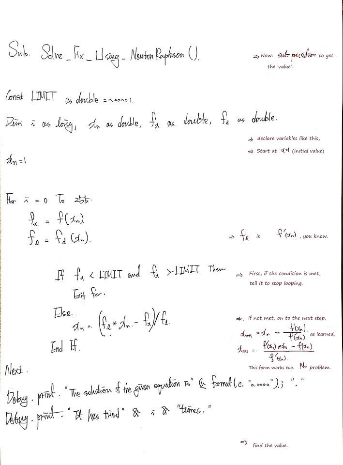 Handwritten VBA sub that solves the equation with the Newton-Raphson loop, with margin notes on each step