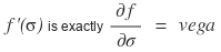 The derivative f&rsquo;(sigma) is exactly the partial derivative of f with respect to sigma, which is vega