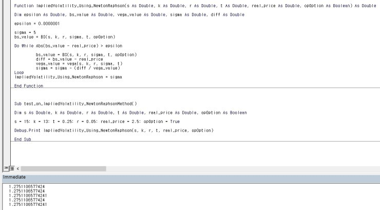 VBA code: the Newton-Raphson implied volatility function and its test sub, with the printed results in the Immediate window
