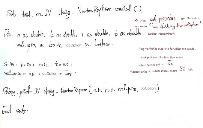 Handwritten VBA code: a test sub that calls the implied volatility function