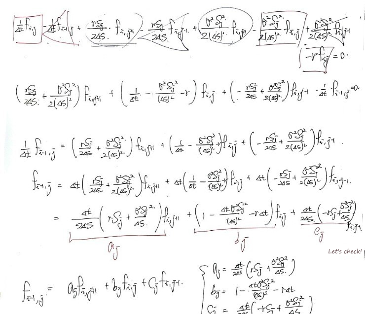 Handwritten algebra solving for f_{i−1,j} = a_j f_{i,j+1} + b_j f_{i,j} + c_j f_{i,j−1}
