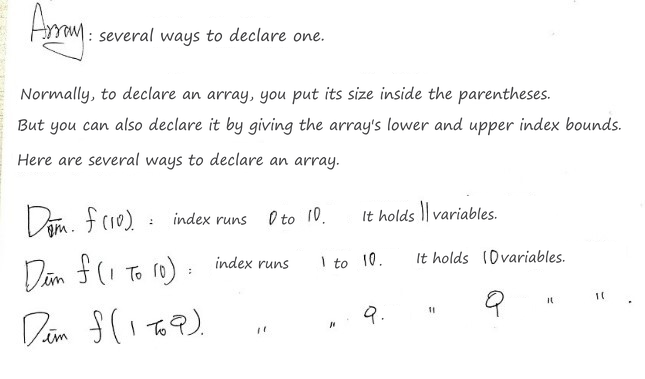 Handwritten note on ways to declare an array in VBA