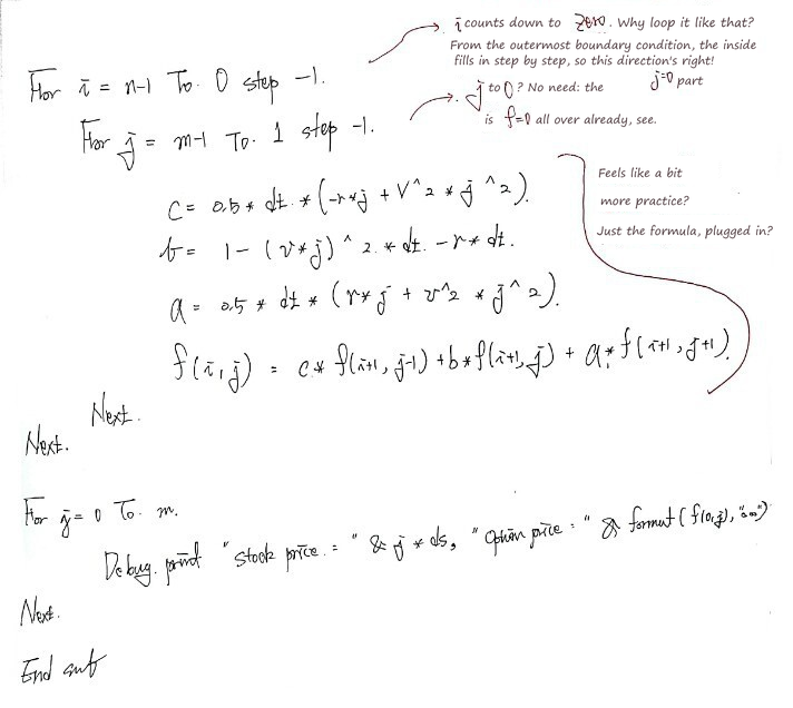 Handwritten VBA program for the whole grid (bottom half) with margin notes